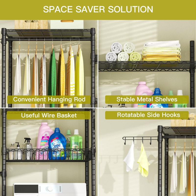 Clothes Drying Rack, Over Washer And Dryer Laundry Room Bathroom Towel Storage Shelf, Space Saver With Adjustable Shelves, Wire Basket, And Rotatable Hooks, 63.4"L X 13.4"D X 76.7"H, Black