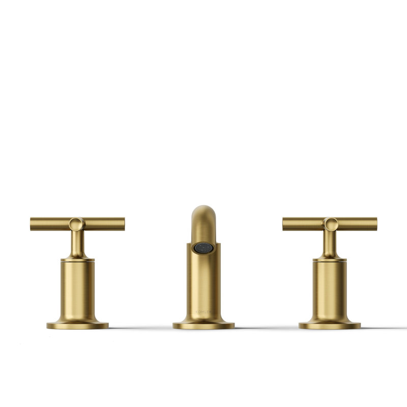 Purist Widespread Bathroom Sink Faucet with Low Cross Handles and Low Spout, Vibrant Brushed Moderne Brass