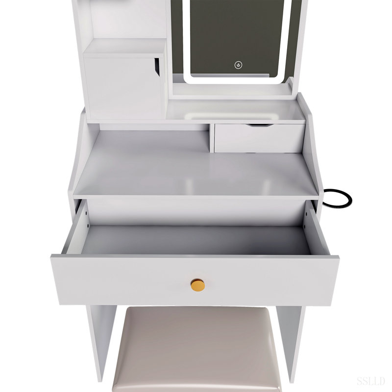 Bureau de coiffeuse avec miroir et lumières, coiffeuse de maquillage avec station de charge et support pour sèche-cheveux, petite coiffeuse avec 2 tiroirs, 5 armoires et tabouret de rangement, miroir DEL à intensité variable 3 couleurs, blanc
