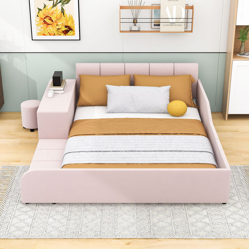 Wakeeny Velvet Upholstered Platform Bed with Bedside Desk, Queen, Pink