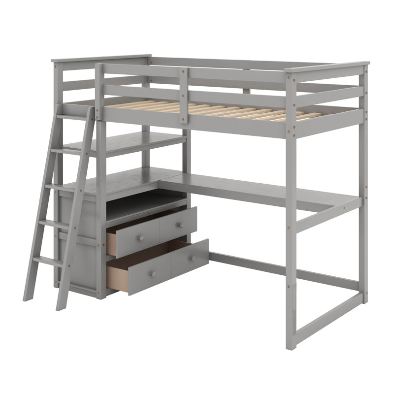 Lit mezzanine simple avec bureau et tablettes, Gris