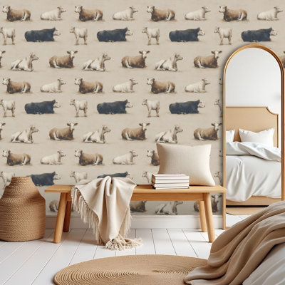Renter Friendly Peel and Stick Wall Mural Detailed Artistic Grazing Cows Poses Vinyl  Waterproof Removable for Room  Bathroom  Cabinet & Shelves door