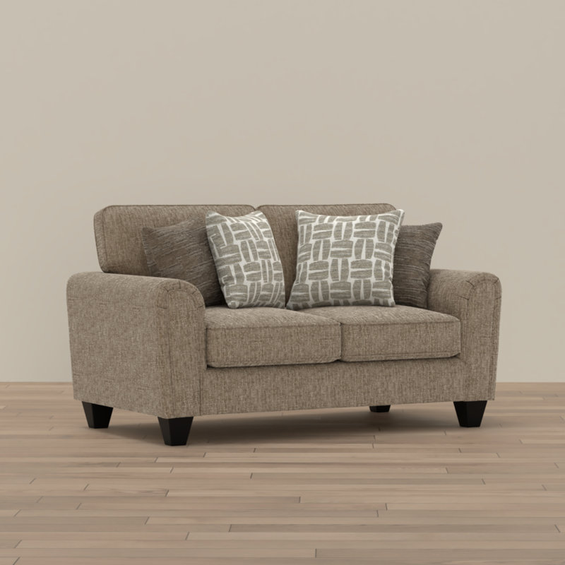 Tan Upholstered Loveseat with 4 Throw Pillows