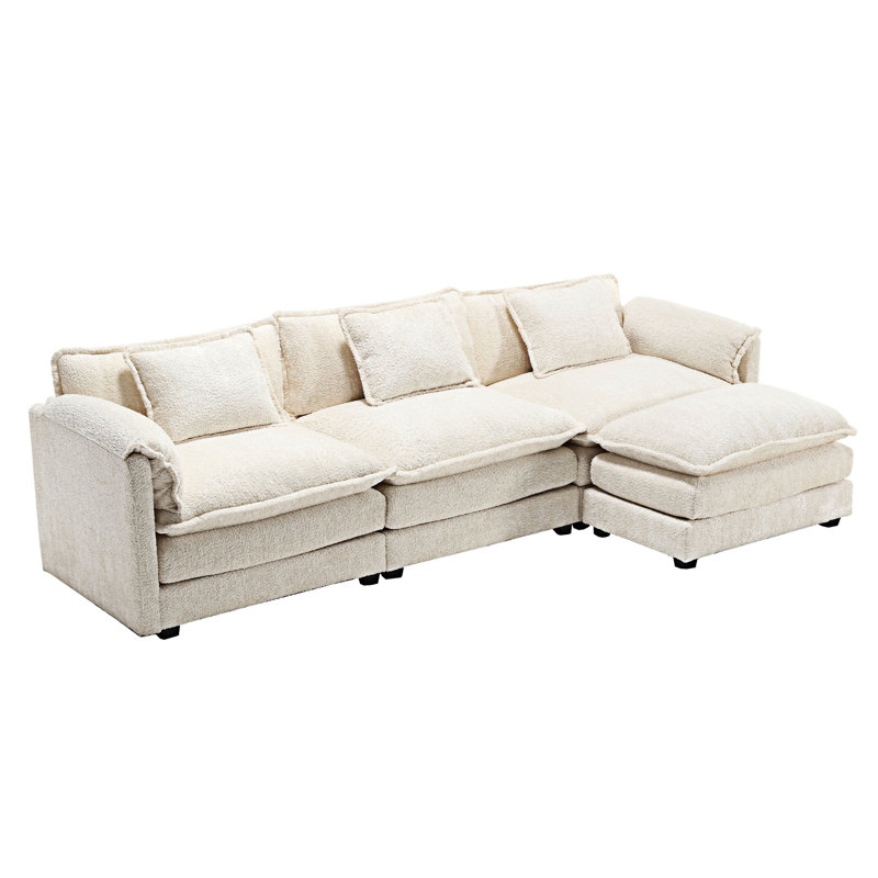Millan 112" L Shaped Modular Sectional Sofa with Ottoman & Memory Foam, Beige Boucle