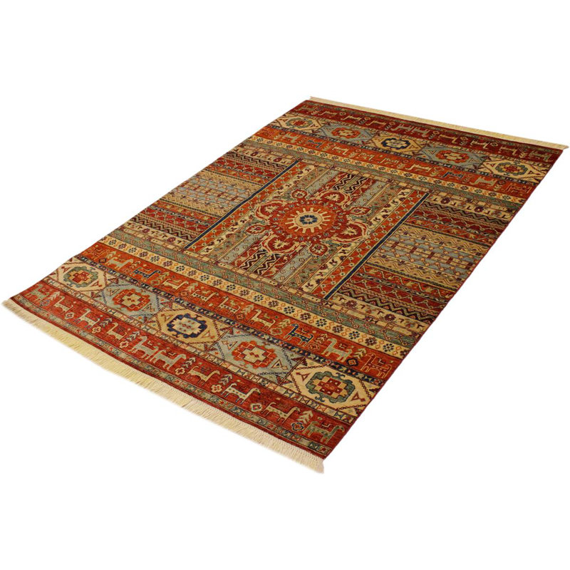 Tapis rouge / beige en laine noué à la main à motif oriental 5 pi 7 po x 7 pi 9 po Lovorko