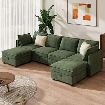 Keswick 127" Modern 6 Seat Upholstered Chenille U Shaped Sectional Sofa with Storage Ottoman