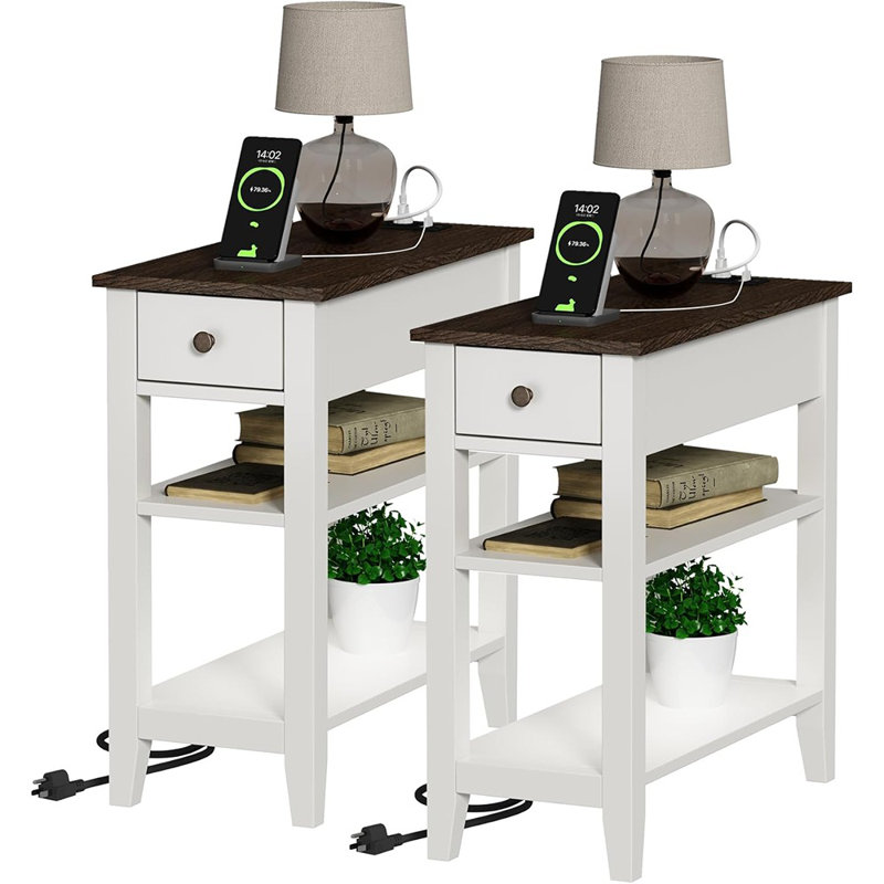 Table de bout Farmhouse, ensemble de 2, table d'appoint avec station de charge, table de chevet étroite avec ports USB et prises de courant et tiroir caché
