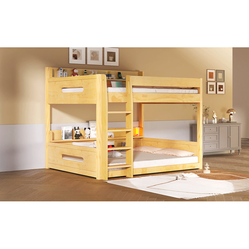Queen Over Queen Bunk Bed With Storage Shelves And USB Ports, Brown