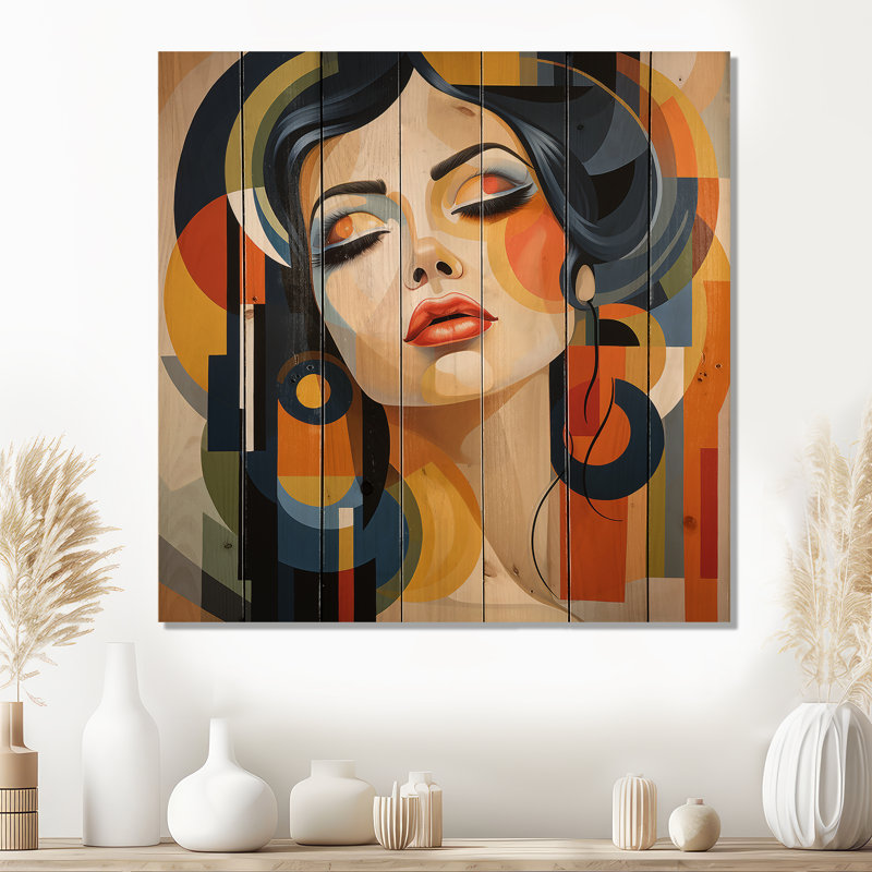 Art Decor, portrait de femme II - Reproduction de portrait abstrait sur bois de pin naturel, H 15 po x l 15 po x P 0,78 po
