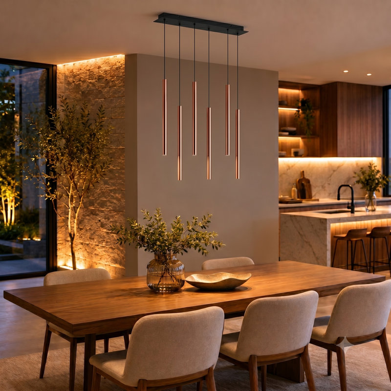 Luminaire suspendu linéaire à 6 lumières pour îlot de cuisine Baileyton, Cuivre