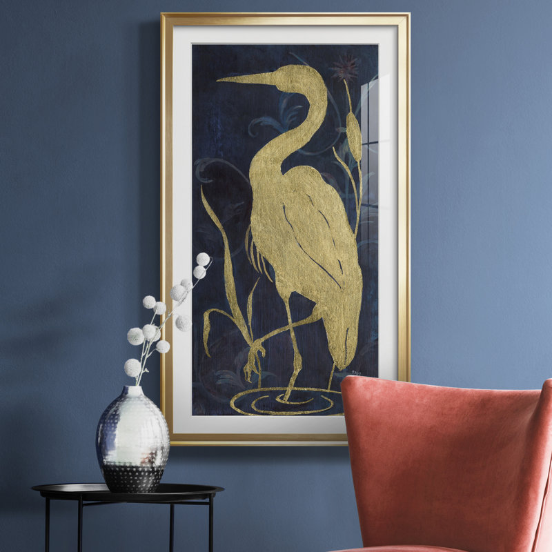 Egret on Indigo II - Reproduction d'art sur toile encadrée, H 22,5 po x l 42,5 po x P 1,5 po, Encadrement doré