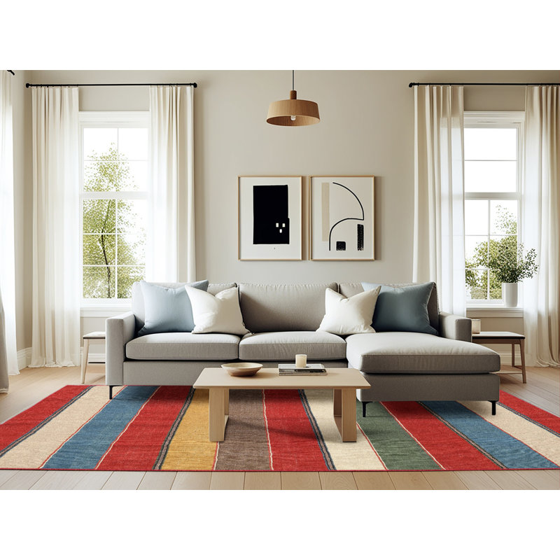 Tapis contemporain rouge / beige / bleu Platte, Rectangle 6 pi 0 po x 9 pi 0 po