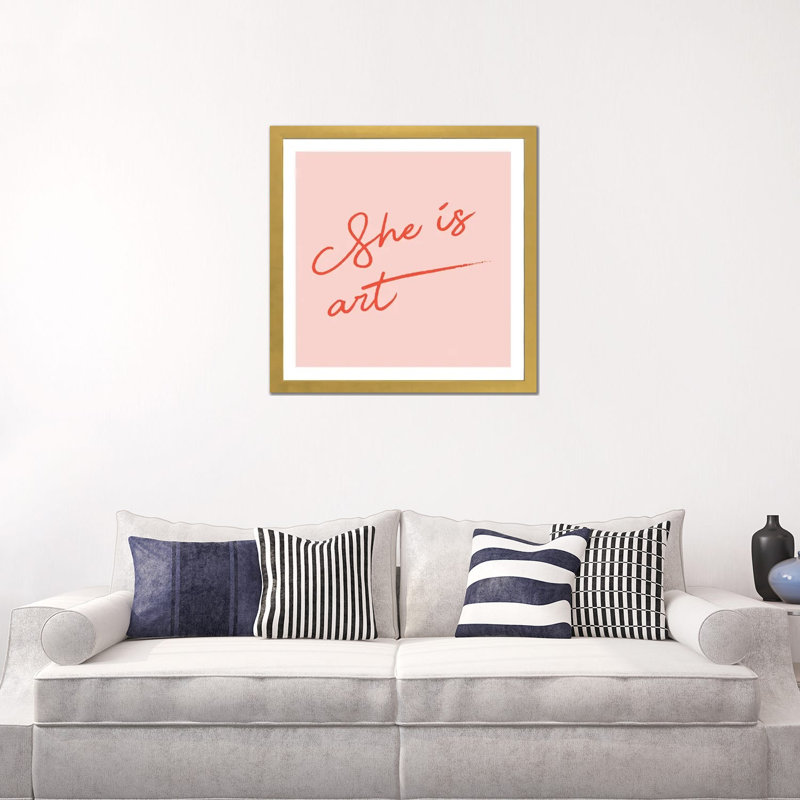 She Is Art Pink - reproduction d'art textuel, H 24 po x l 24 po x P 1 po, Papier encadré doré, Blanc