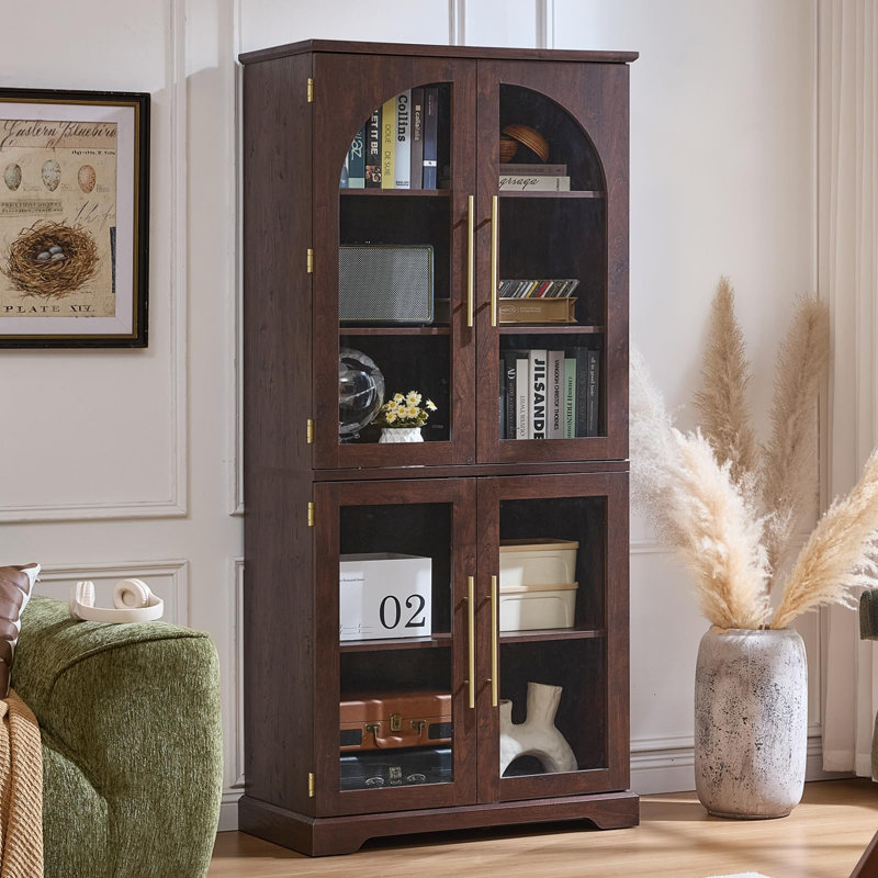 72" Tall Bookshelf with 4 Curved Glass Doors, Farmhouse Bookcase with 3-Tier Adjustable Shelves, Modern Living Room Display Cabinet, Large Storage Cabinet for Home Office,Dining Room (Walnut)