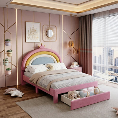 Full Velvet Upholstered Platform Bed with 1 Storage Drawers, Rainbow Design Headboard