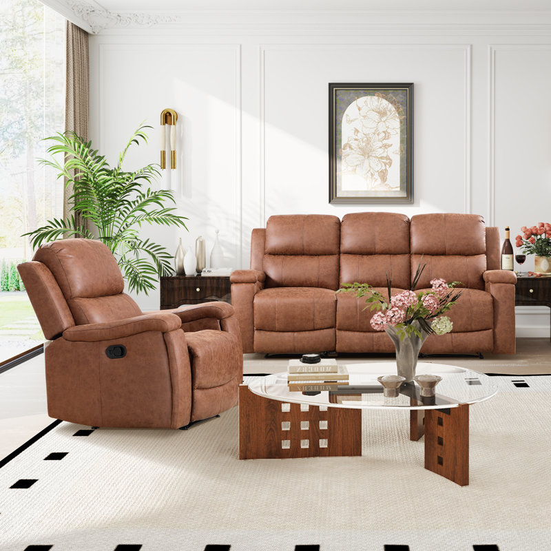 Chesa 2 Piece Faux Leather Reclining Living Room Set with Hidden Cupholder, Cognac