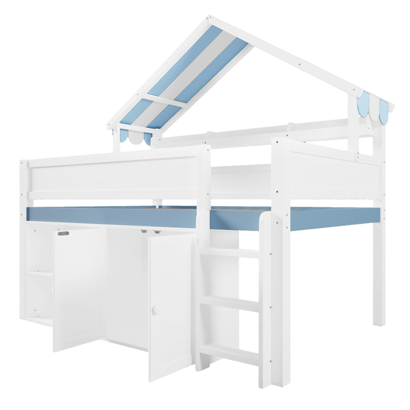 Full Size Loft Bed with Canopy Roof and Storage Cabinet, White/Blue