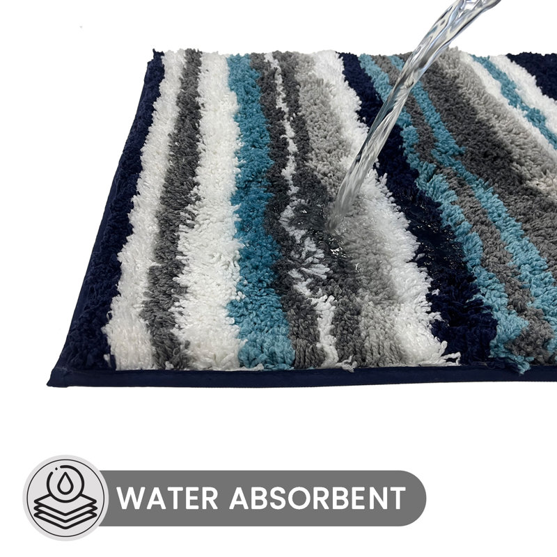 Griffie 100% Polyester Bath Rug Stripe Pattern with TPR Backing Machine Washable Soft & Absorbent Bathroom Rug, Blue