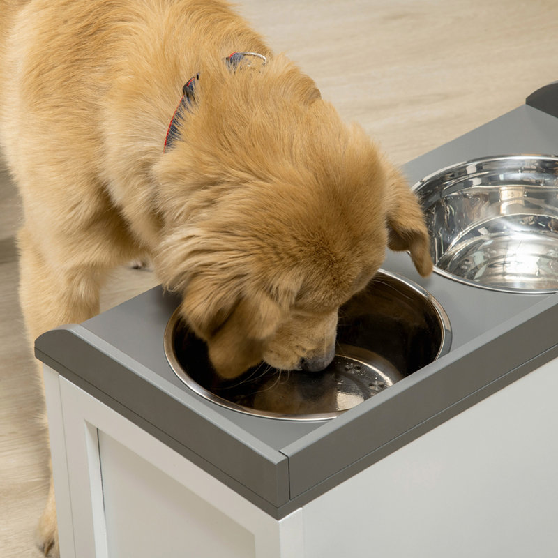 Station d'alimentation pour chien avec tiroir de rangement, armoire de rangement pour nourriture pour chien avec 2 bols surélevés amovibles pour chiens de grande taille, blanc
