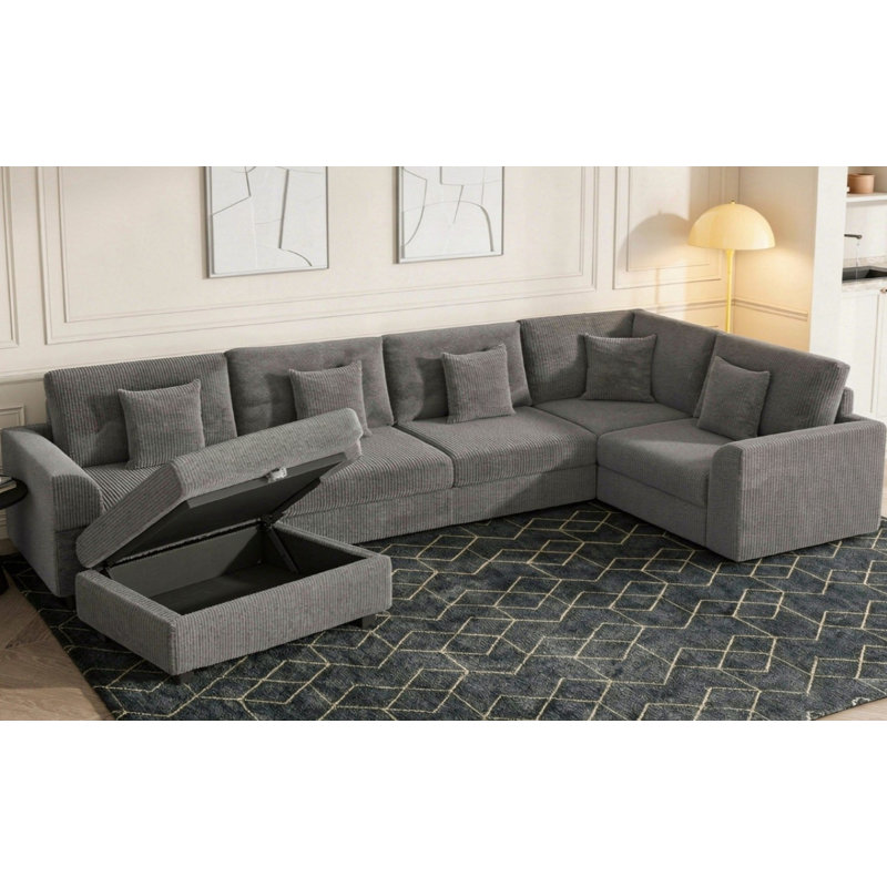 Canapé-lit modulaire en velours côtelé avec repose-pieds Kaneki, Gris, 36' H x 146' L x 78' P