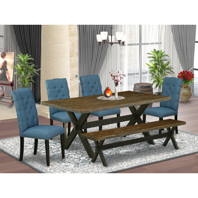 6 Piece Dining Set Contains a Rectangle Dining Room Table with X-Legs and 4 Blue Linen Fabric Parson Chairs with a Bench, Wire Brushed Black Finish