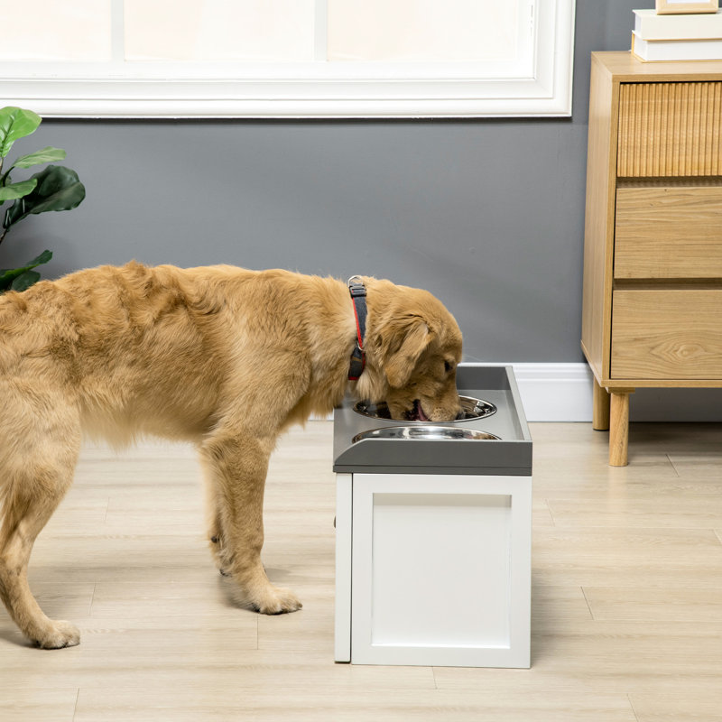 Rangement pour chien blanc avec rangement et 2 bols surélevés