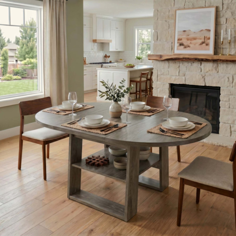 Table de salle à manger extensible ronde 43,3 "à 59" pour 4-6, table de cuisine ronde à ovale avec rallonge rabattable intégrée, base stable en H et tablette de rangement