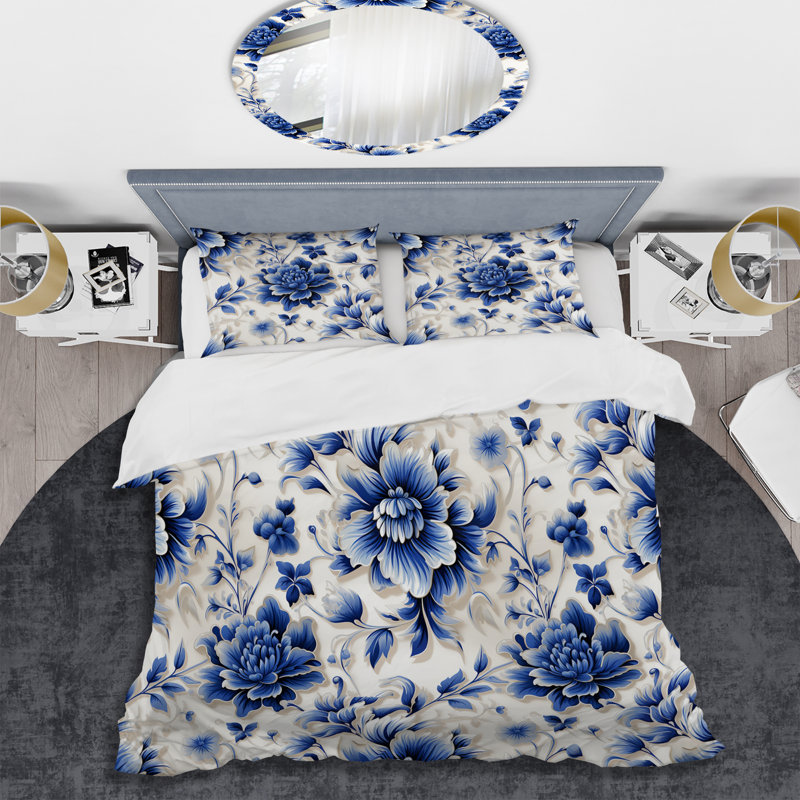 Literie Neo Victorian Cobalt, Housse de couette pour grand lit et 2 taies décor