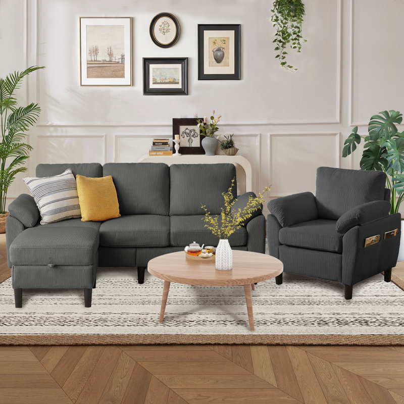 Ensemble de canapé modulaire 3 pièces avec fauteuil et repose-pieds, Gris foncé