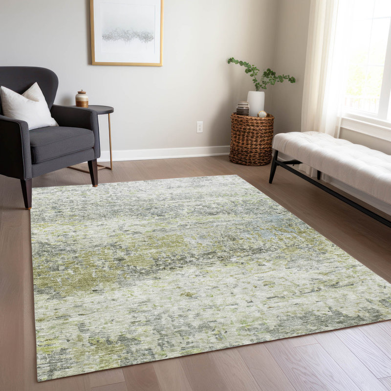 Aloe Green and Gray Machine Washable Indoor/Outdoor Rug