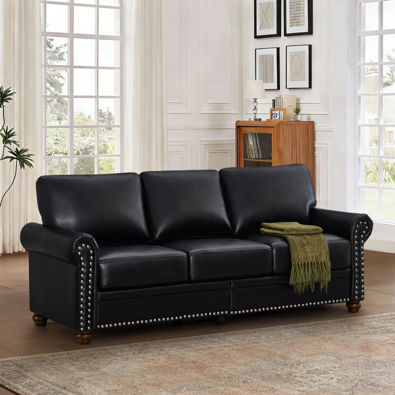 Faux Leather Sofa,82" W Mid Century Modern Couch with Storage, Oversized 3 Seater Sofa with Nailhead Trim & Rolled Armrests, Deep Seat Comfy Couch for Living Room, Bedroom, Apartment, Office