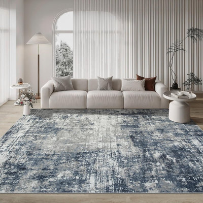 Tapis moderne abstrait bleu-gris lavable, doux, à poils courts, antidérapant et déperlant, idéal pour le salon, la chambre à coucher, la salle à manger et l'entrée.