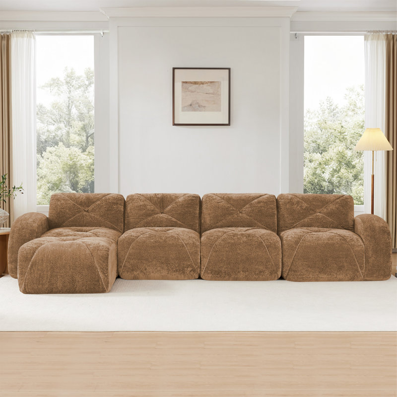 L-Shaped Soft Velvet Fabric, 29.9" H x 140.9" W x 67.3" D, Camel