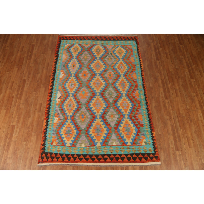 Tapis bleu / vert / jaune en laine tissé à plat à la main à motif rectangulaire 6 pi 6 po x 9 pi 10 po Ikat