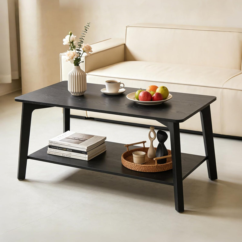 Table basse, table centrale à 2 niveaux avec rangement, pieds fuselés, transitions courbées, 21,7 po x 39,4 po x 17,7 po, facile à assembler, pour le salon, noir