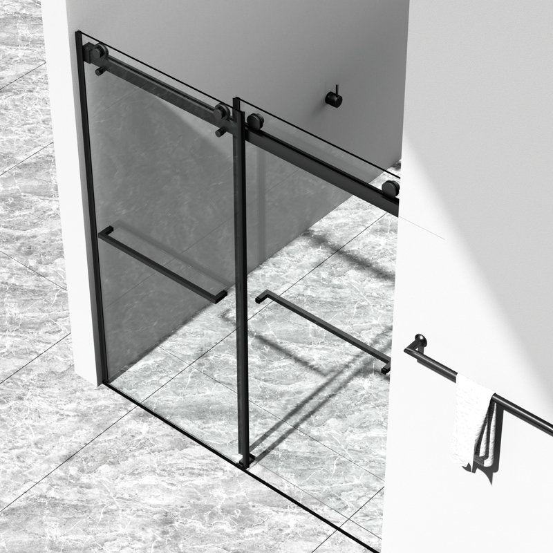 Double porte de douche coulissante de l 56 à 60 po, H 70 po, verre trempé de 5/16 po (8 mm), facile à nettoyer, fini noir mat, tampon, fermeture douce, rail supérieur sécuritaire, poignée de porte de salle de bain, rouleau en acier inoxydable, eau