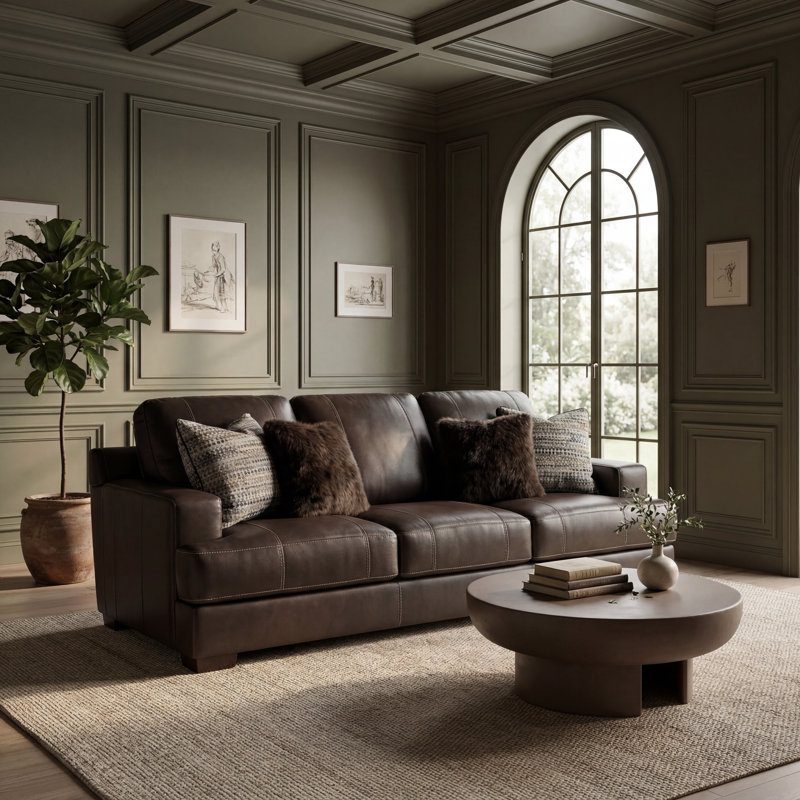 Arieyanna 92" Italian Leather Match Sofa with 4 Included Accent Pillows, Brown Leather Match