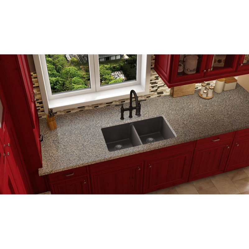 Quartz Luxe 33" L x 19" W Double Basin Undermount Kitchen Sink, Chestnut