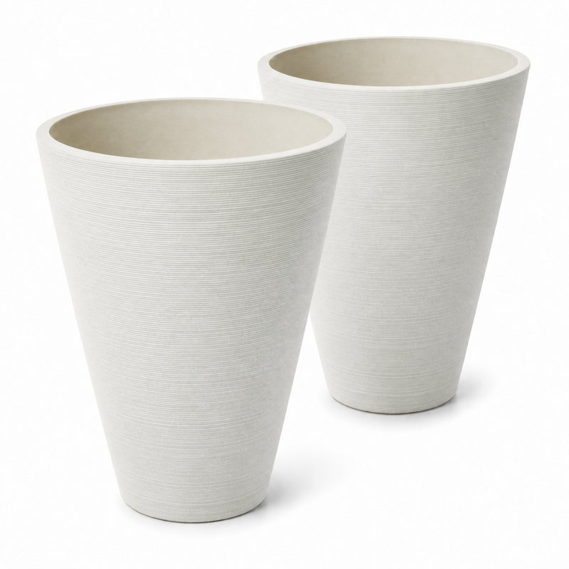 Taio 14" Ribbed Round Composite Planter Set, White, 14" H x 11.4" W x 11.4" D
