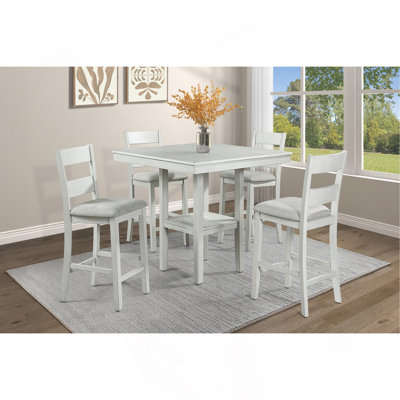 Rustic Farmhouse 5-Pc Counter Height Dining Set Square Table Wood Top Bottom Display Shelf Linen Look Fabric Upholstery Chair Wooden Dining Room Furniture White Wood Drift Wood Finish Dinette