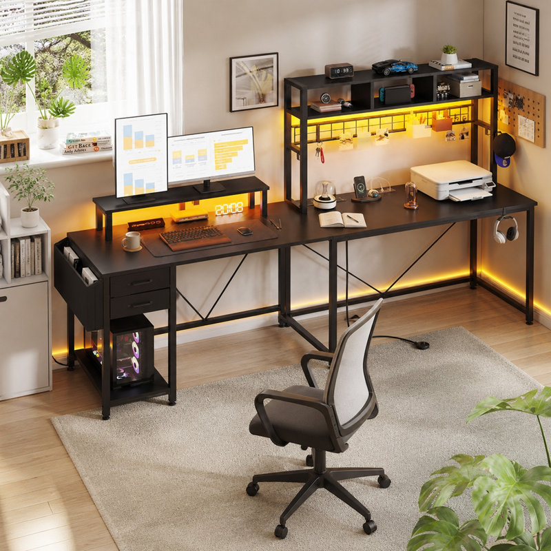 Metal Base Computer Desk with Power Outlet, Black