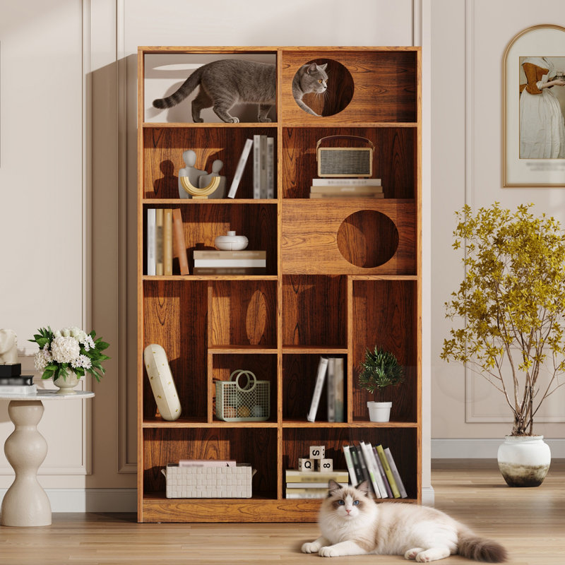 Présentoir pour arbre à chat 2 en 1 avec bibliothèque et tablette d'escalade, Brun