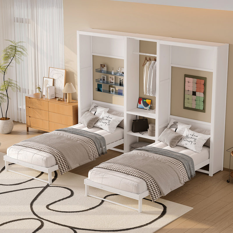 Lit double escamotable simple, lit escamotable pliable en métal avec garde-robe, tablettes et prises de courant