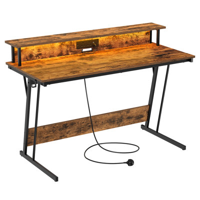 Gaming Desk With LED Lights And Built-In Power Outlets, Computer Desk With Monitor Shelf, Gaming Table For 2 Monitors, Office Desk, For Bedroom, 55 X 135 X 76 Cm, Ebony Black