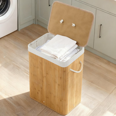 Folding Bamboo Laundry Hamper with Lid, 27.5 Gallon Wooden Laundry Basket with Washable Liner Bag, Slim Clothes Storage Hamper for Small Bedrooms Apartments Dorms