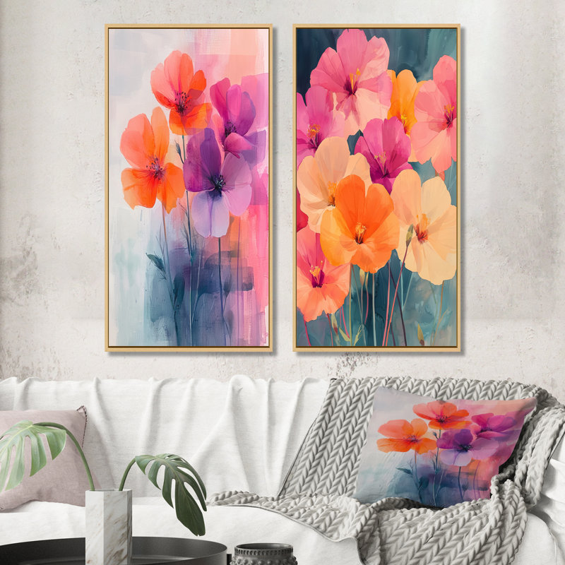 Abstrait géraniums en mouvement d'été I - art mural floral 2 panneaux, H 28 po x l 25 po, Cadre crème crème