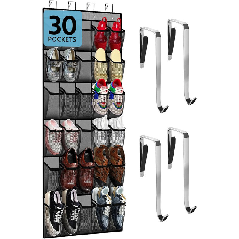 Range-chaussures au-dessus de la porte, 30 grandes poches en filet respirantes de tailles multiples, grandes poches en filet respirantes réutilisables, organisateur de chaussures pour garçons et filles, organisateur suspendu peu encombrant (gris)