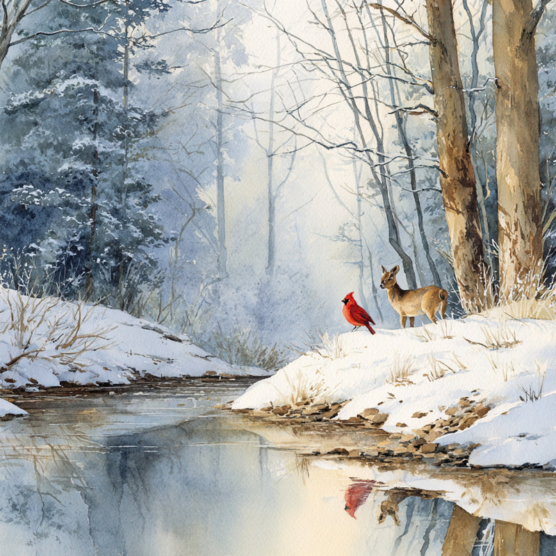 «Cardinal by the Winter Creek», art mural sur toile tendue, H 40 po x l 40 po