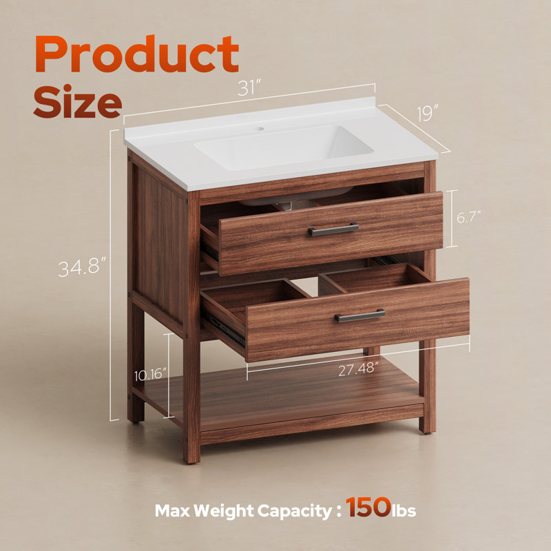 Meuble-lavabo simple 30 po avec comptoir d'évier, Brun