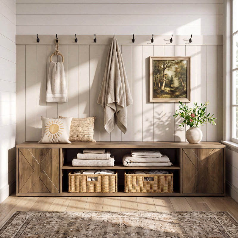 Banc de rangement pour chaussures 63 "avec tablettes ouvertes et armoire